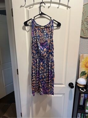 Daytrip Navy, Pink & Peach Geometric Print Midi Dress